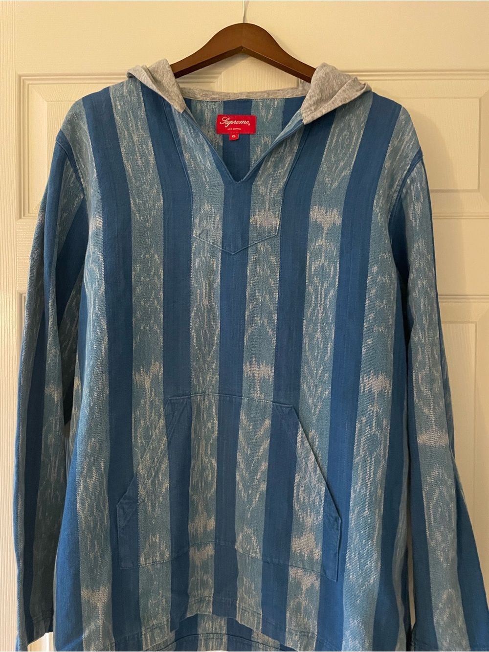 Supreme Andes Hooded Shirt - Blue Stripe Woven Baja Hoodie - Size XL (SS15)